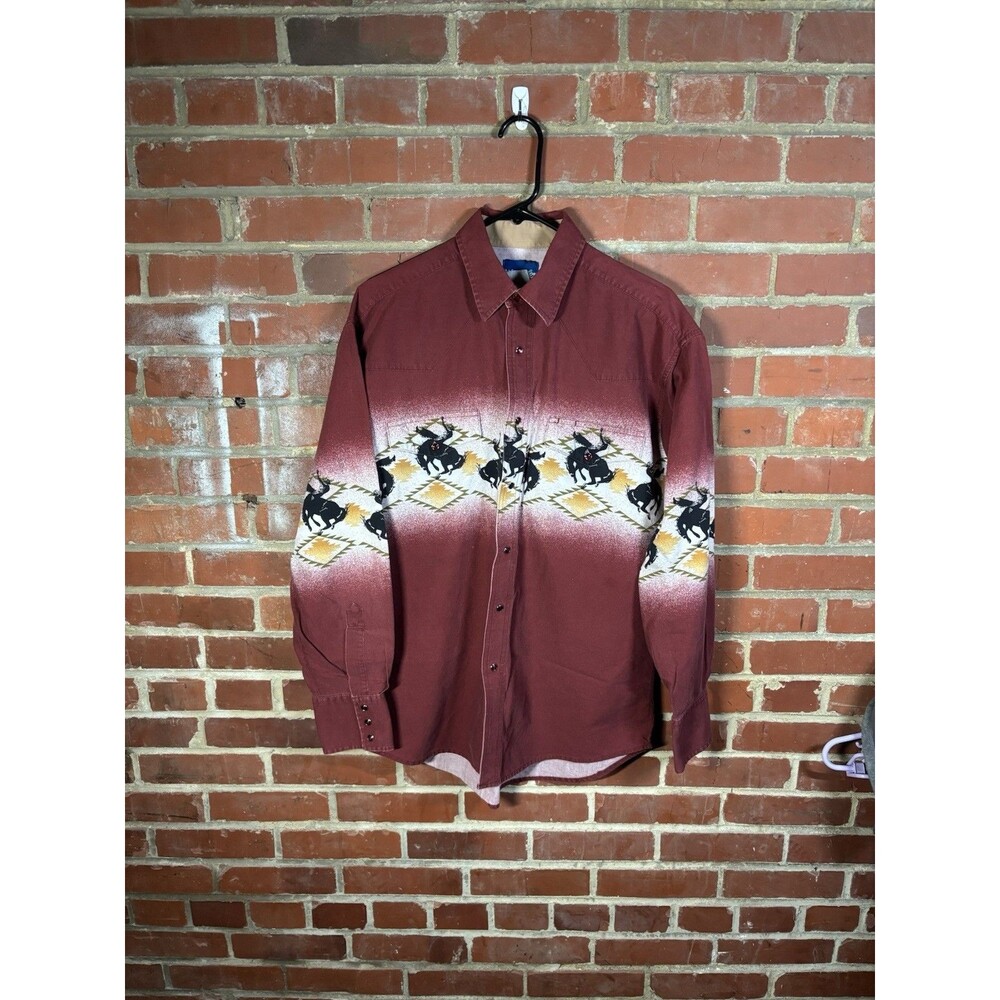 Vintage Y2k Wrangler Western Shirt Cowboy Riding Aztec Pearl Snap Shirt Sz Large